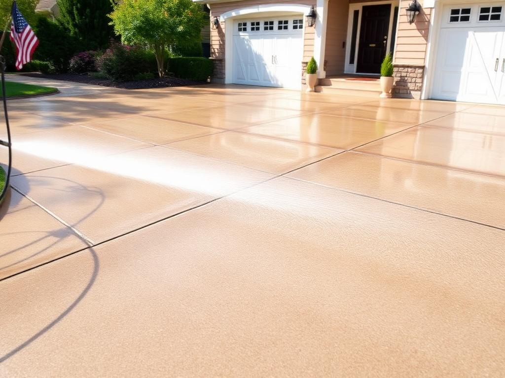 Freshly pressure washed concrete driveway